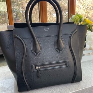 Authentic Celine Luggage Mini Size Black Pebbled Leather Tote